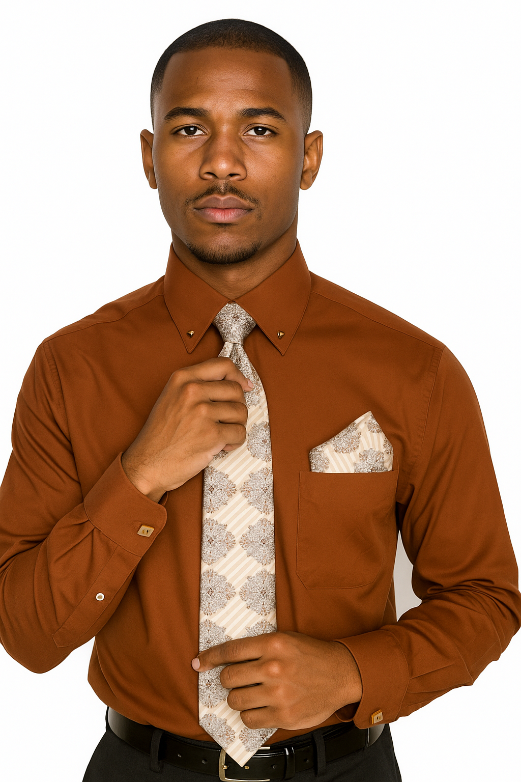 Brown Pin Collar Dress Shirt With Collar Bar
