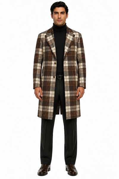 Brown Plaid Wool Topcoat with Camel Accents