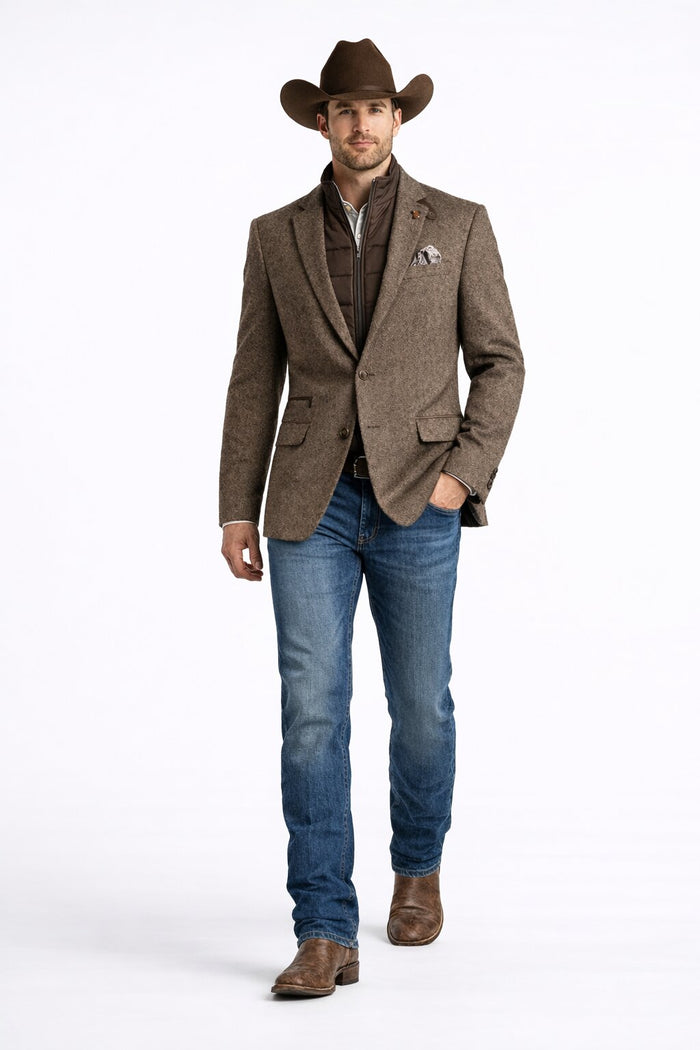 Men’s Brown Herringbone Tweed Cowboy Western Blazer – Classic Country Sport Coat Jacket for Ranch Wear,  Cowboy Jacket