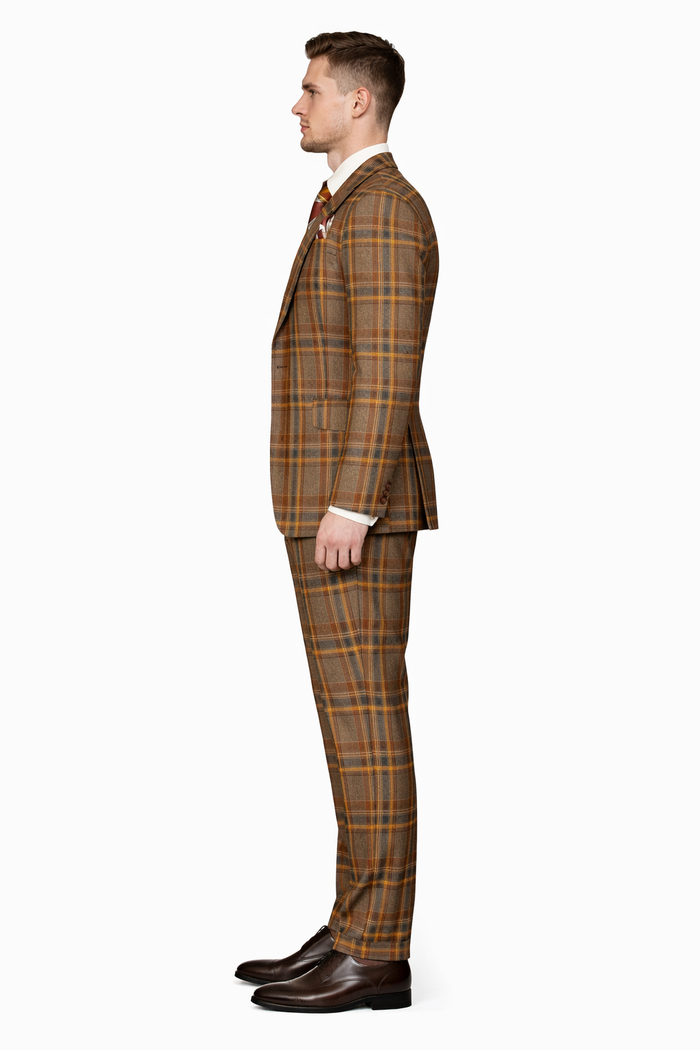 Mens Two Button Peak Lapel Suit Brown ~ Yellow
