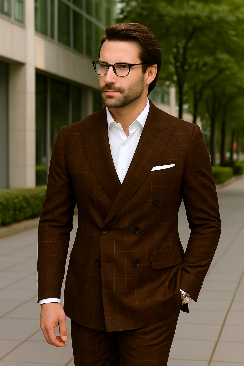 Italian Double Breasted Windowpane Wool Suit