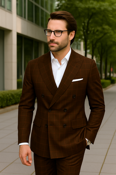 Italian Double Breasted Windowpane Wool Suit