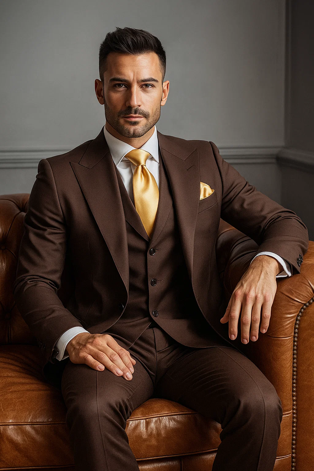  Brown One Button 3 Piece Suit  by Rossiman