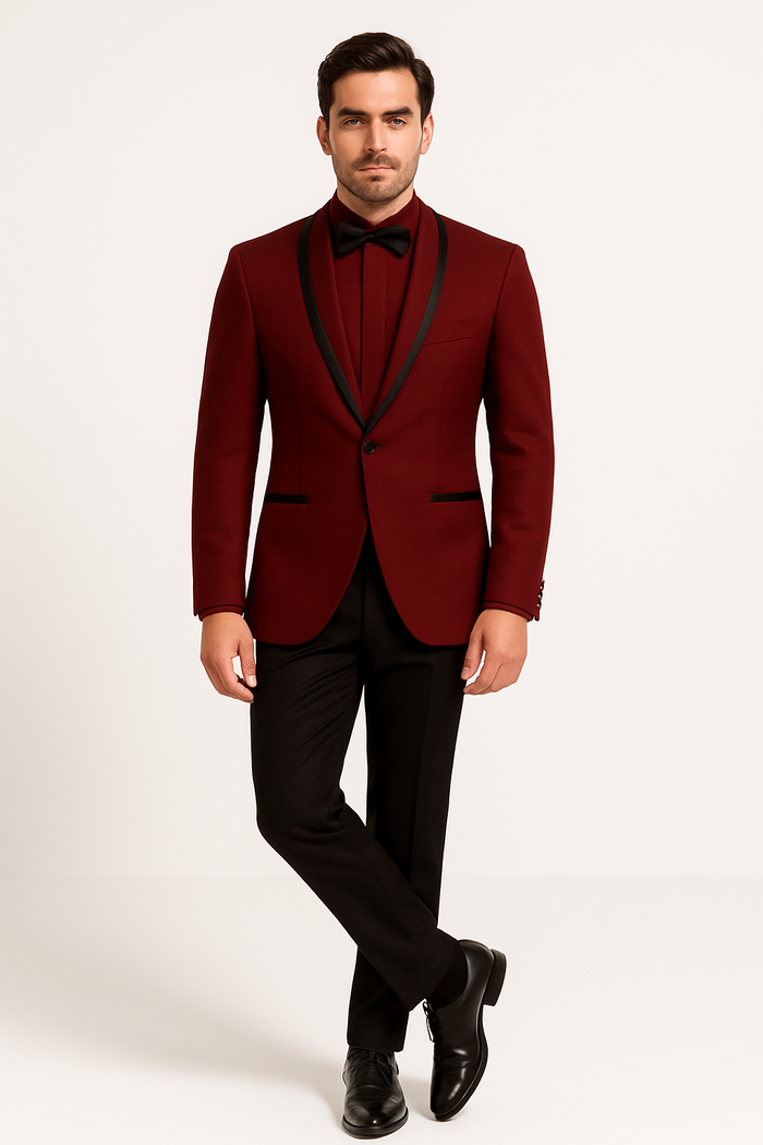 Prom ~ Wedding Tuxedo Dinner Jacket Burgundy and Black Trim
