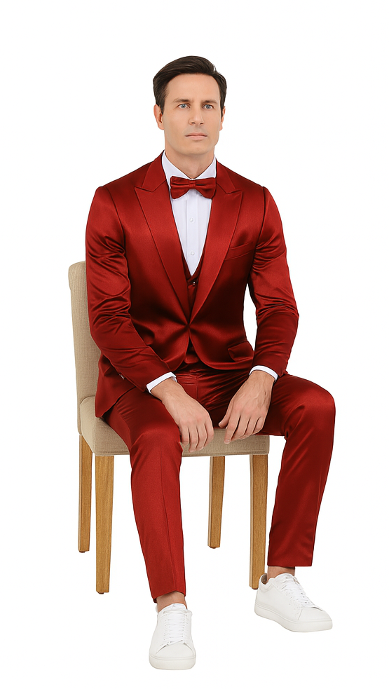 Tazzio Burgundy Satin 3 Piece Vest Suit