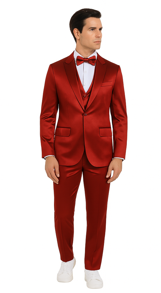 Tazzio Burgundy Satin 3 Piece Vest Suit