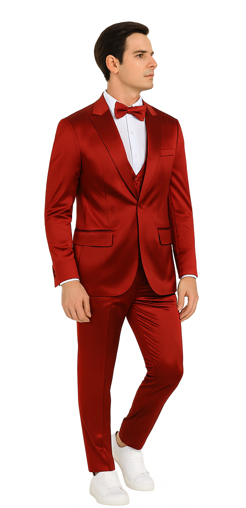 Tazzio Burgundy Satin 3 Piece Vest Suit