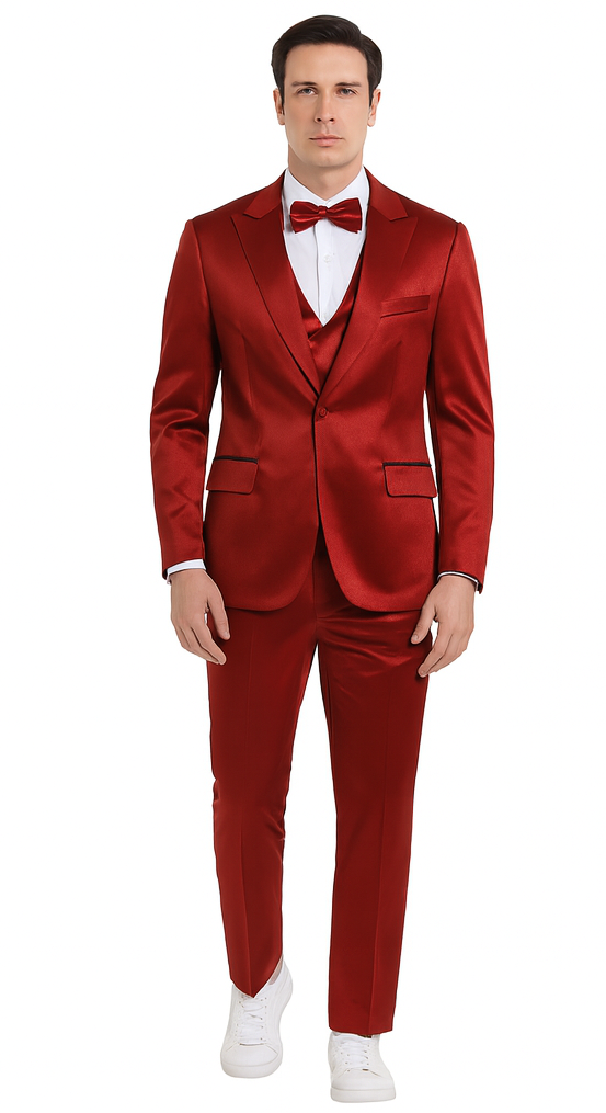 Tazzio Burgundy Satin 3 Piece Vest Suit