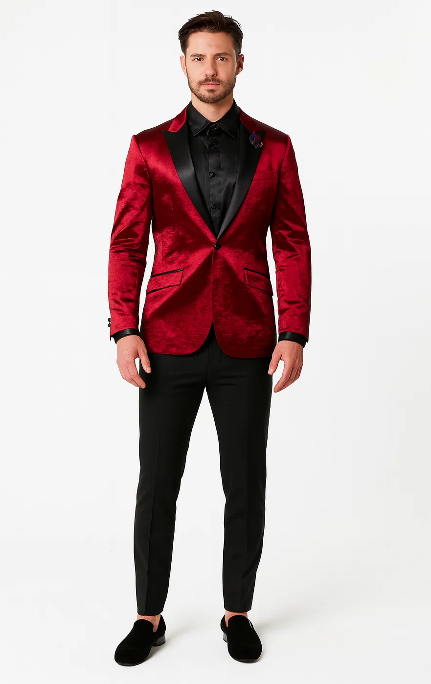 Burgundy Shiny Slim Fit Tuxedo Jacket with Peak Lapel – Wedding & Prom