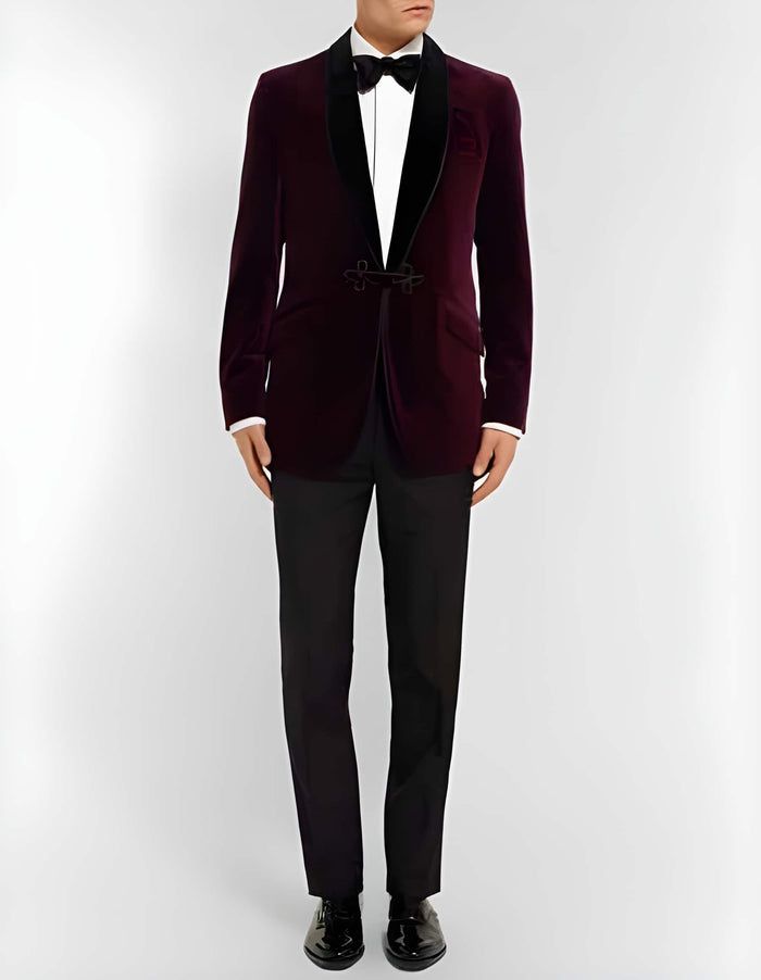 Burgundy  Slim Fit Two-Tone Cotton Velvet Tuxedo jacket ~ Burgundy Tuxedo