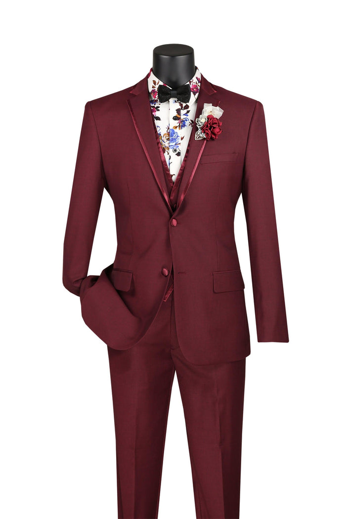 Burgundy Slim Fit 3 Piece Suit with Satin Trim