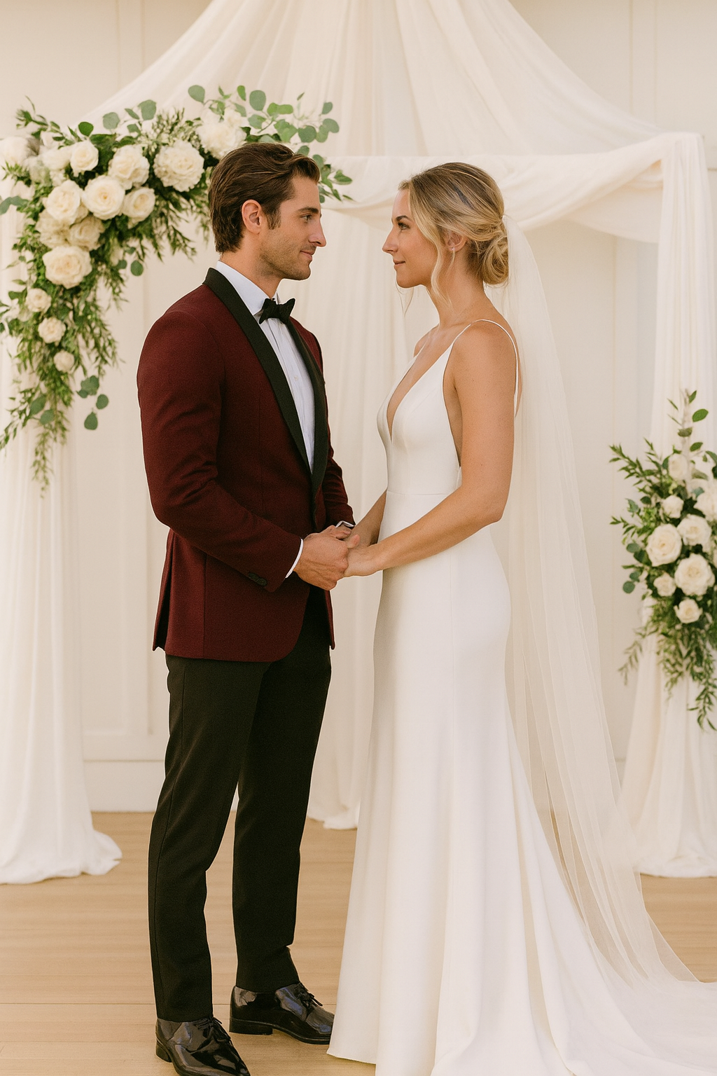 Burgundy Tuxedo Jacket, Black Satin Shawl Lapel – Slim Fit