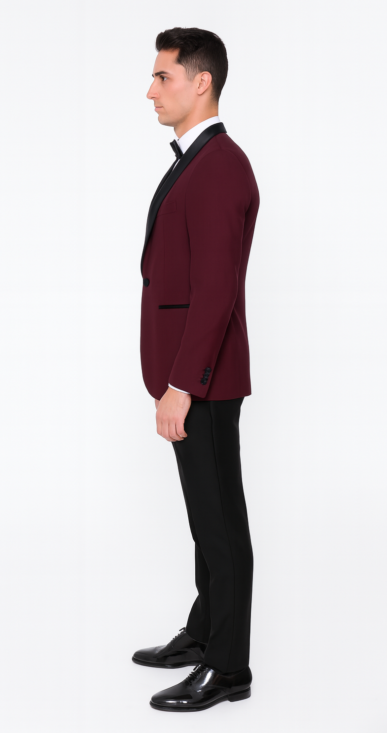 Burgundy Tuxedo Jacket, Black Satin Shawl Lapel – Slim Fit