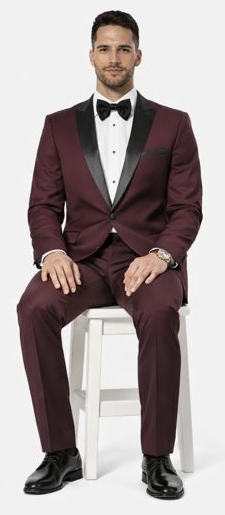 Burgundy Tuxedo Slim Fit One Button Peak Framed Lapel - Wedding - Prom