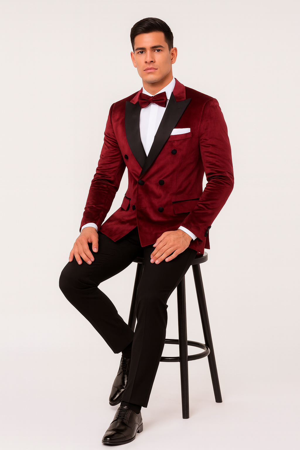 SKU#JA58269 Mens Burgundy Velvet Tuxedo - Velvet Suits Double Breasted Tuxedo Suits - Slim Fit