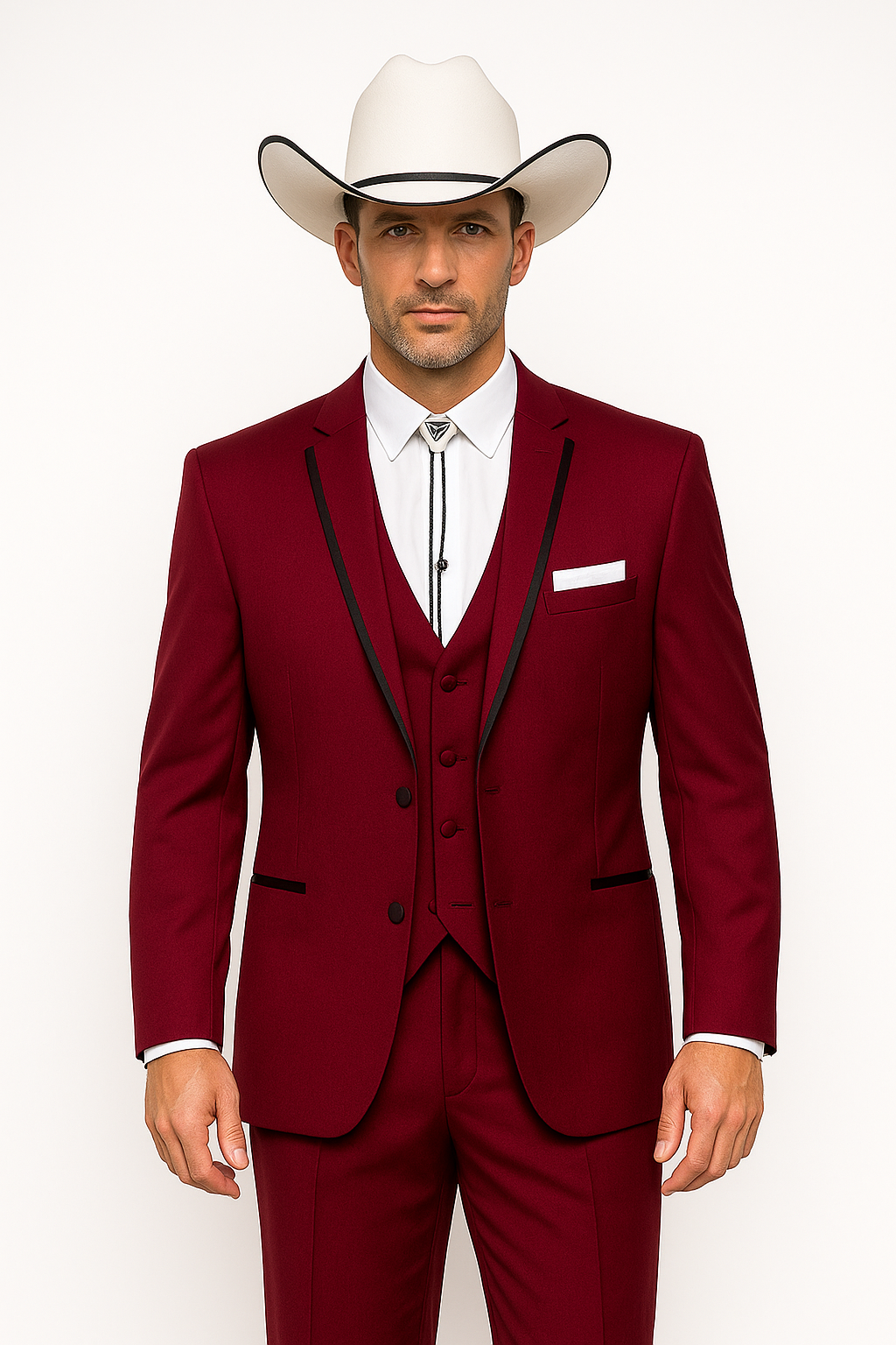 SKU#JA60892 Country Tuxedos For Weddings Mens Western Traje Vaquero Suit - Burgundy Tuxedo