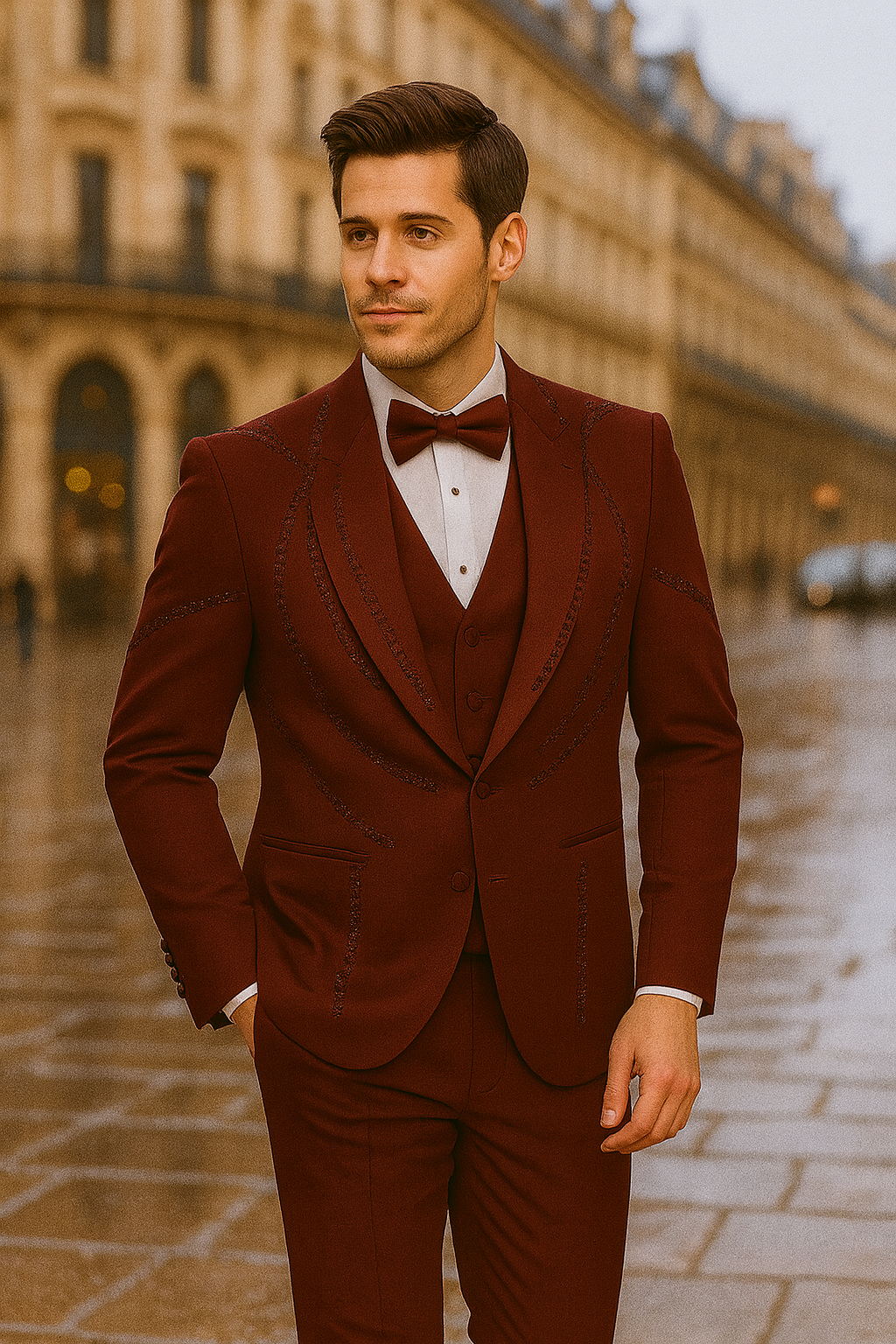 Burgundy Italian Wool 3-Piece Tuxedo for Men