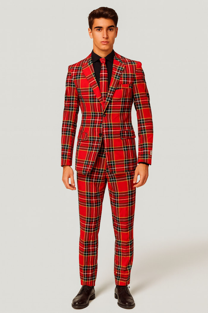 Plaid Christmas Suit - Holiday Red Tartan Style