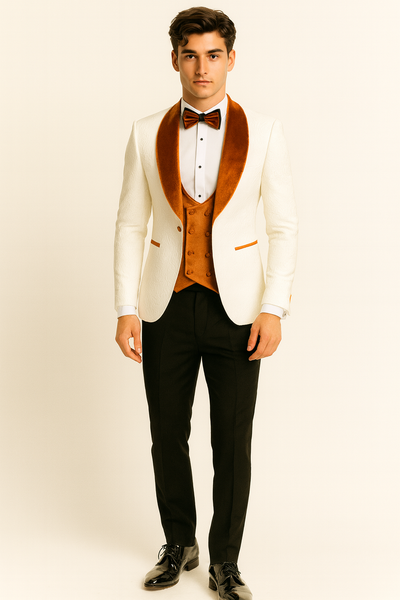 Burnt Orange Paisley Velvet 4pc Suit with Bowtie