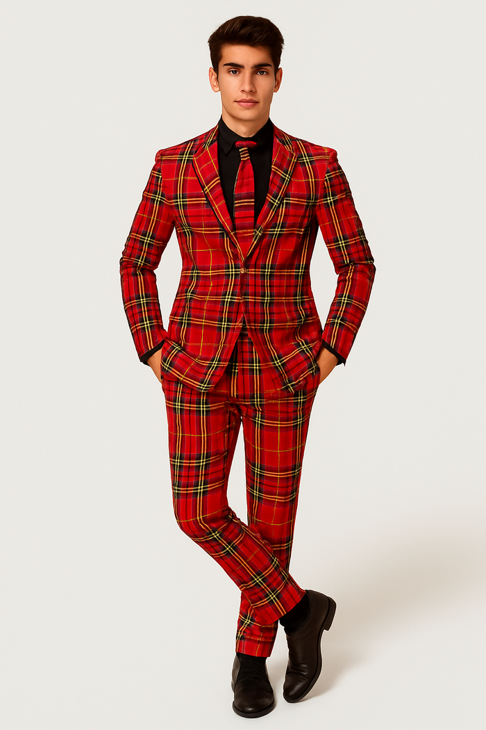 Plaid Christmas Suit - Holiday Red Tartan Style