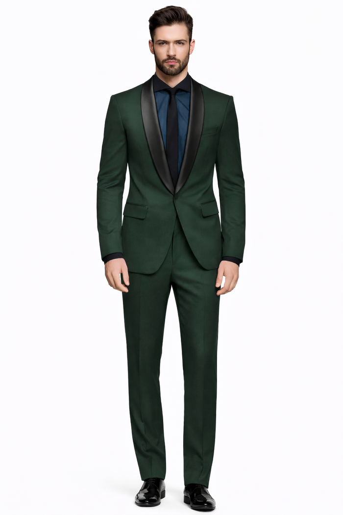 1 Button Dark Green Shawl Black Lapel Blazer Suit Jacket