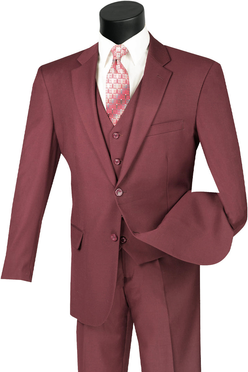 Classic Fit Flat Front Vested Burgundy Suit