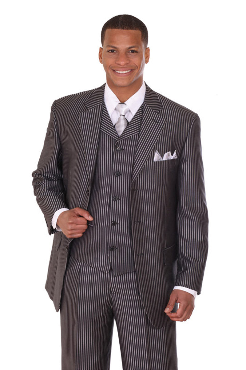 Mens Black 3 Button Vested Stripe Suit