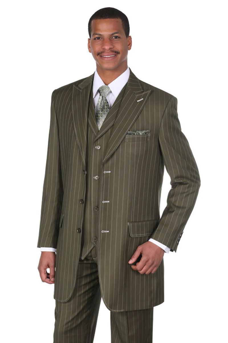 Mens Olive 3-Button Vested Pinstripe Suit
