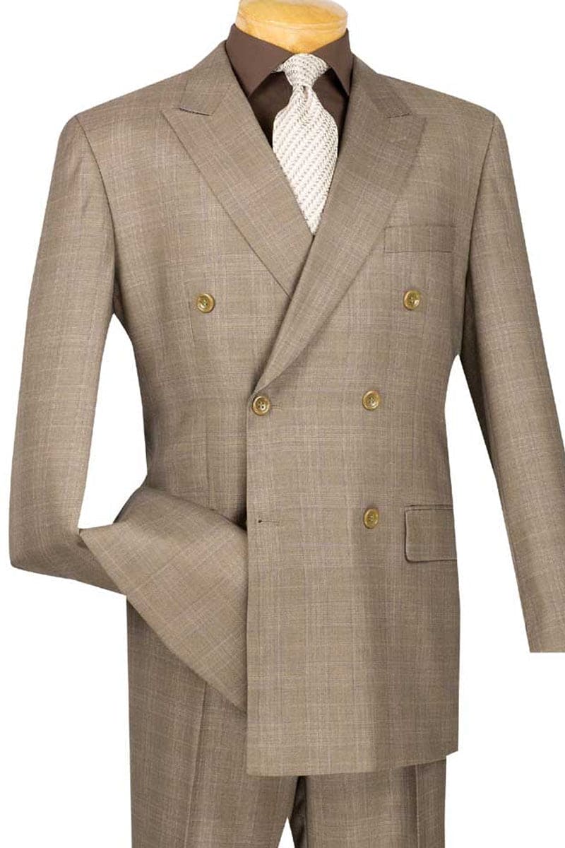 Tan Wool-Feel Double Breasted Plaid Suit