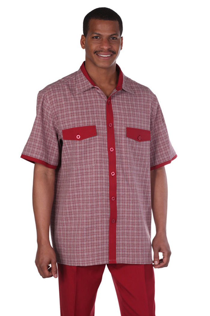 Mens Short Sleeve Mini Plaid Walking Suit in Burgundy