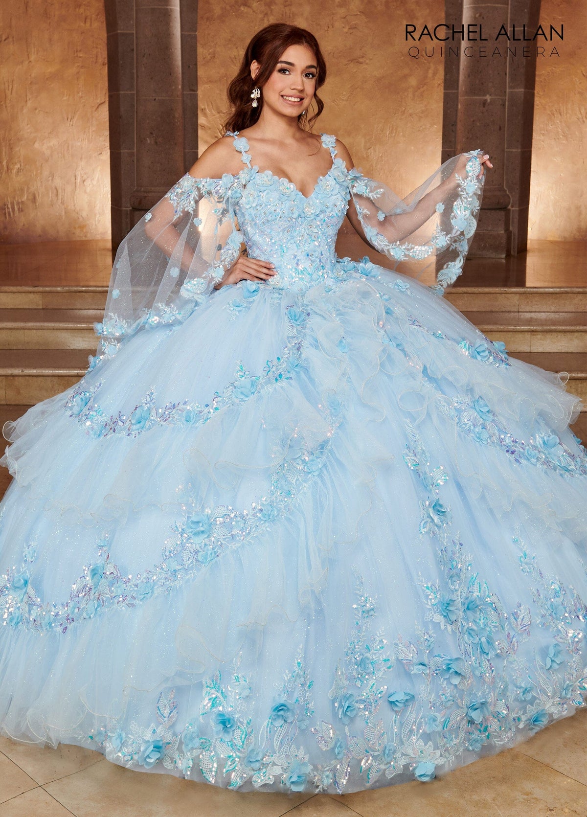 Rachel Allan RQ3103 Cape Sleeve Tiered Quinceanera Dress