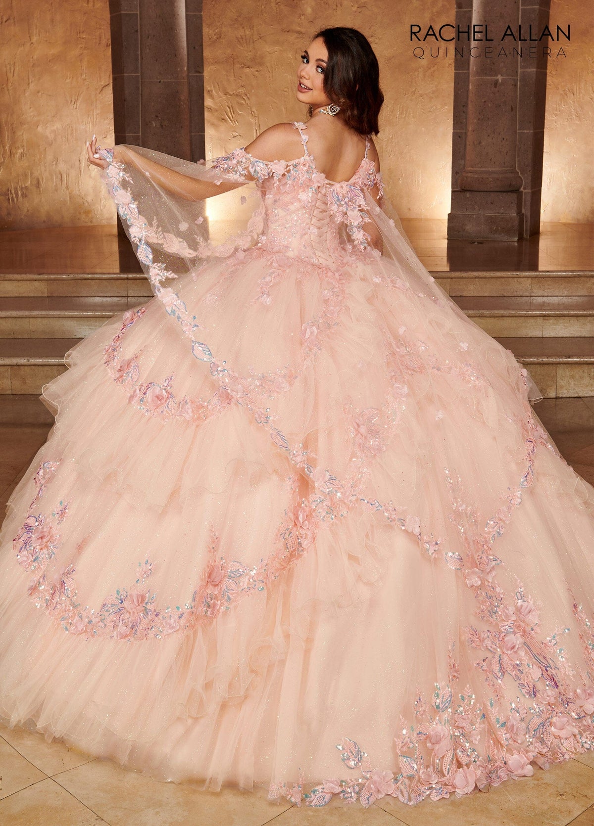 Rachel Allan RQ3103 Cape Sleeve Tiered Quinceanera Dress