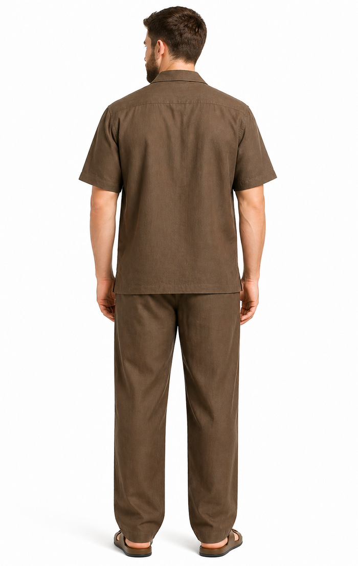 Casual Two Piece Mens Walking Outfit For Sale Pant Sets suits casual two piece sets Mens Chest Pocket Solid Brown Mens Linen Suit - Short Set Short sleeve Shirt + Pants