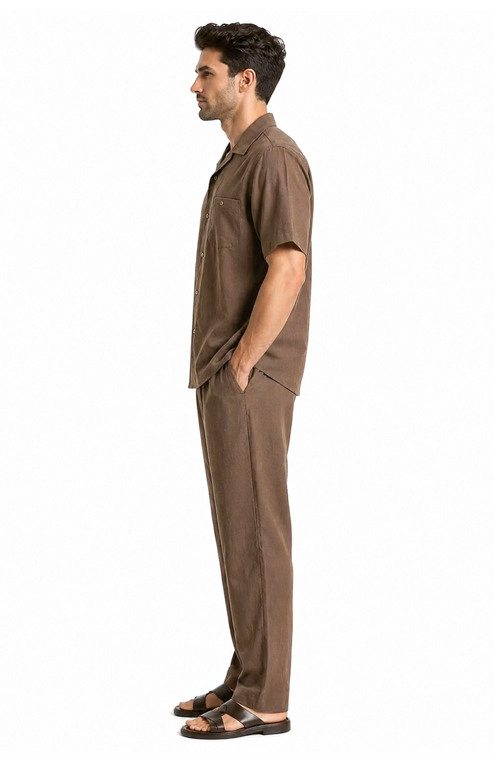 Casual Two Piece Mens Walking Outfit For Sale Pant Sets suits casual two piece sets Mens Chest Pocket Solid Brown Mens Linen Suit - Short Set Short sleeve Shirt + Pants