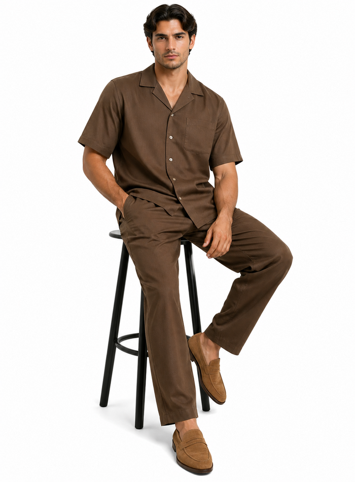 Casual Two Piece Mens Walking Outfit For Sale Pant Sets suits casual two piece sets Mens Chest Pocket Solid Brown Mens Linen Suit - Short Set Short sleeve Shirt + Pants