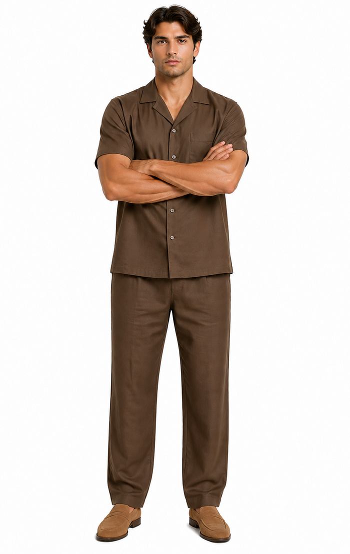 Casual Two Piece Mens Walking Outfit For Sale Pant Sets suits casual two piece sets Mens Chest Pocket Solid Brown Mens Linen Suit - Short Set Short sleeve Shirt + Pants