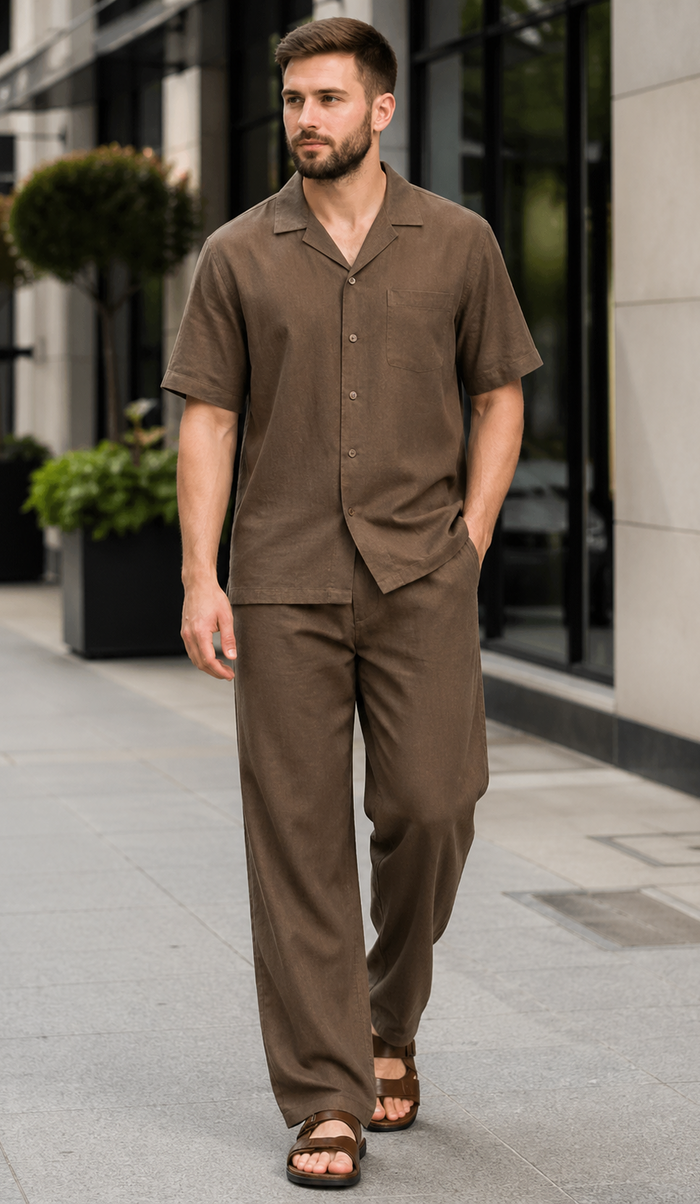 Casual Two Piece Mens Walking Outfit For Sale Pant Sets suits casual two piece sets Mens Chest Pocket Solid Brown Mens Linen Suit - Short Set Short sleeve Shirt + Pants