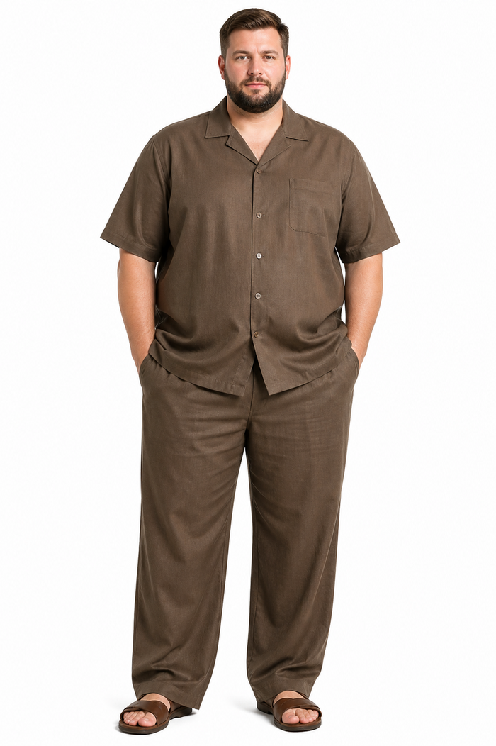 Casual Two Piece Mens Walking Outfit For Sale Pant Sets suits casual two piece sets Mens Chest Pocket Solid Brown Mens Linen Suit - Short Set Short sleeve Shirt + Pants