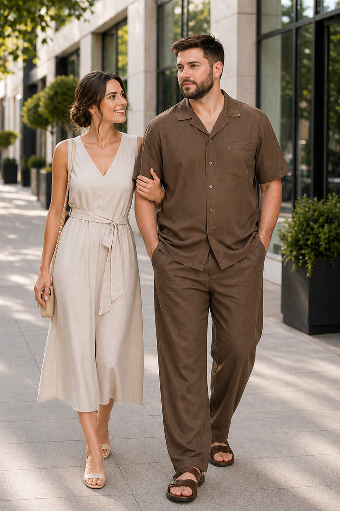 Casual Two Piece Mens Walking Outfit For Sale Pant Sets suits casual two piece sets Mens Chest Pocket Solid Brown Mens Linen Suit - Short Set Short sleeve Shirt + Pants