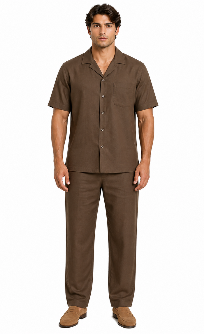 Casual Two Piece Mens Walking Outfit For Sale Pant Sets suits casual two piece sets Mens Chest Pocket Solid Brown Mens Linen Suit - Short Set Short sleeve Shirt + Pants