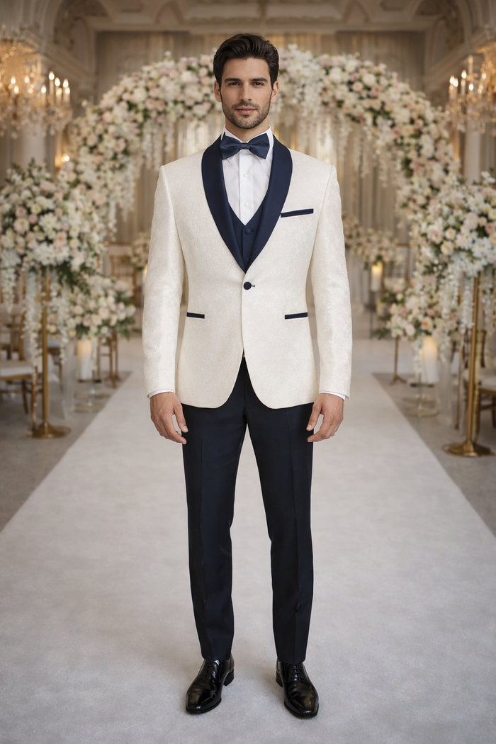 White Metallic Flake & Navy 3-Piece Tuxedo – Men’s Tailored-Fit Formal Suit