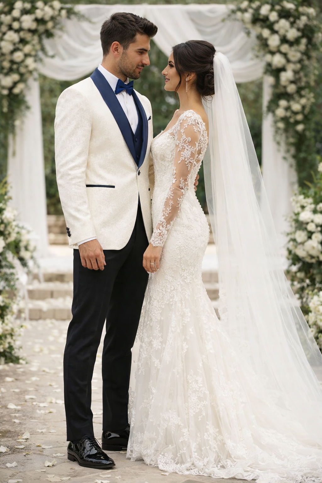 White Metallic Flake & Navy 3-Piece Tuxedo – Men’s Tailored-Fit Formal Suit