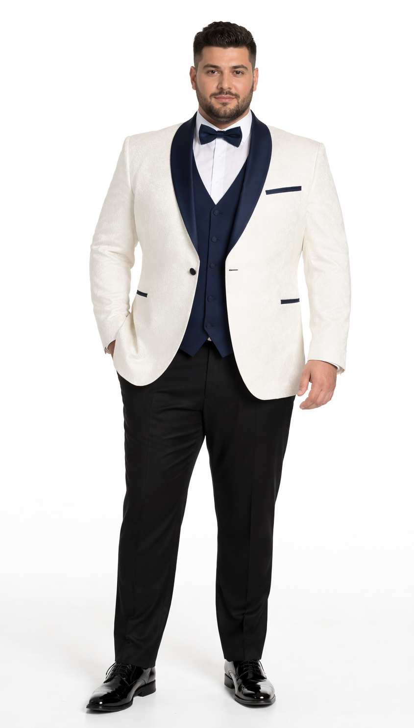 White Metallic Flake & Navy 3-Piece Tuxedo – Men’s Tailored-Fit Formal Suit