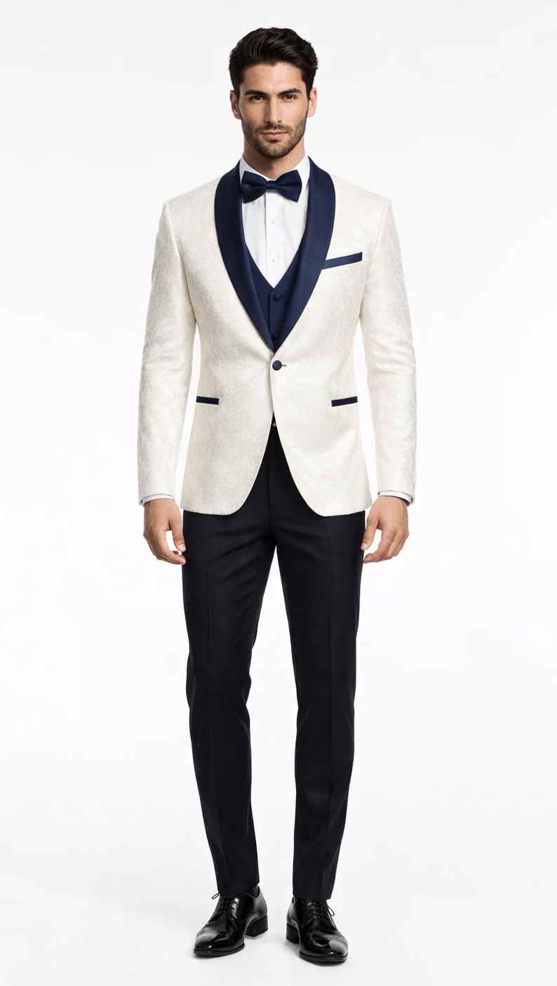 White Metallic Flake & Navy 3-Piece Tuxedo – Men’s Tailored-Fit Formal Suit