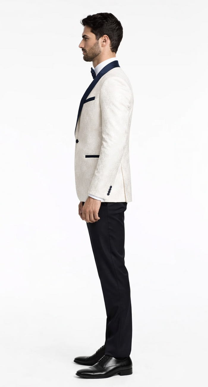 White Metallic Flake & Navy 3-Piece Tuxedo – Men’s Tailored-Fit Formal Suit