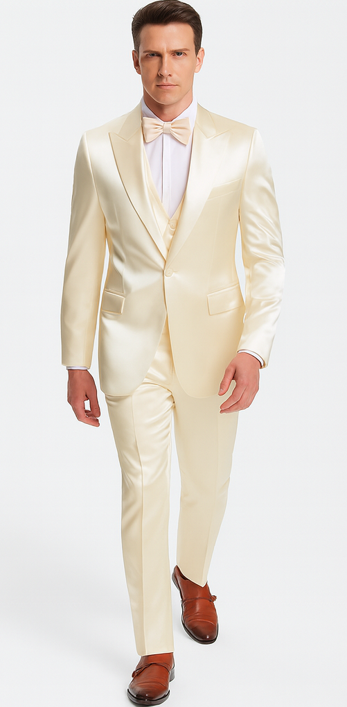 Champagne Satin Double Breasted 3 Piece Slim Fit Tazzio Men's Suit with Peak Lapel Jacket – Modern
