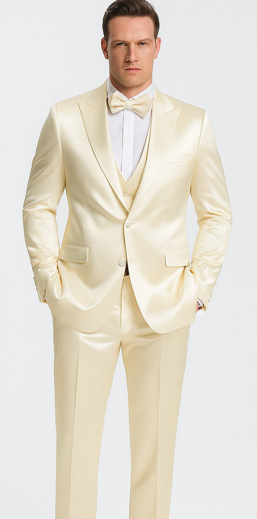 Champagne Satin Double Breasted 3 Piece Slim Fit Tazzio Men's Suit with Peak Lapel Jacket – Modern