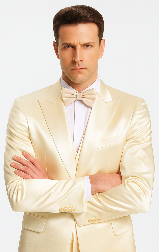 Champagne Satin Satin Skinny Fit 3 Piece Suit by Tazzio