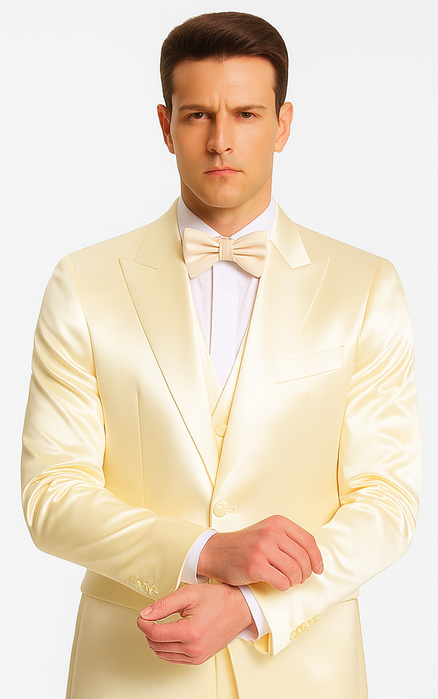 Champagne Satin Double Breasted 3 Piece Slim Fit Tazzio Men's Suit with Peak Lapel Jacket – Modern
