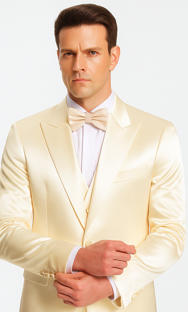 Champagne Satin Double Breasted 3 Piece Slim Fit Tazzio Men's Suit with Peak Lapel Jacket – Modern